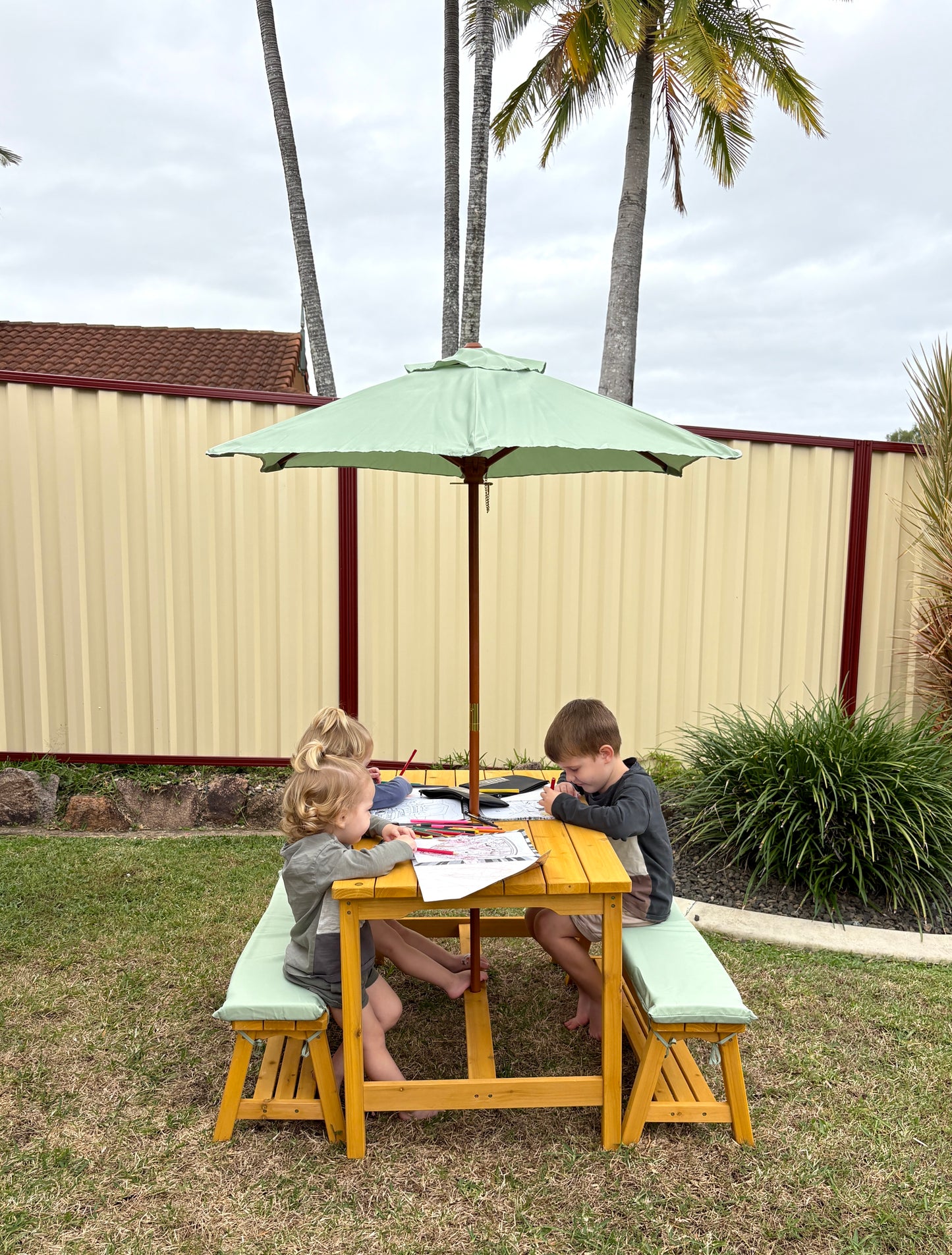 Kids Picnic Table & Bench Set with Umbrella & Cushions – Solid Colours