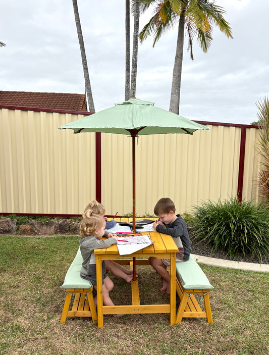 Kids Picnic Table & Bench Set with Umbrella & Cushions – Solid Colours