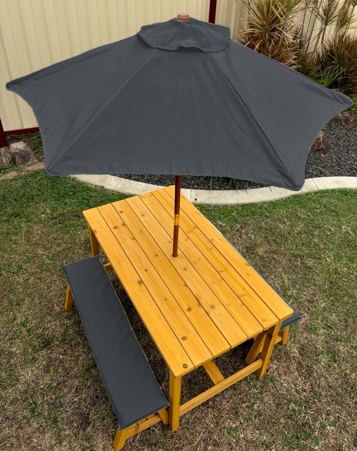 Kids timber picnic table and bench set with umbrella and cushions in dark grey