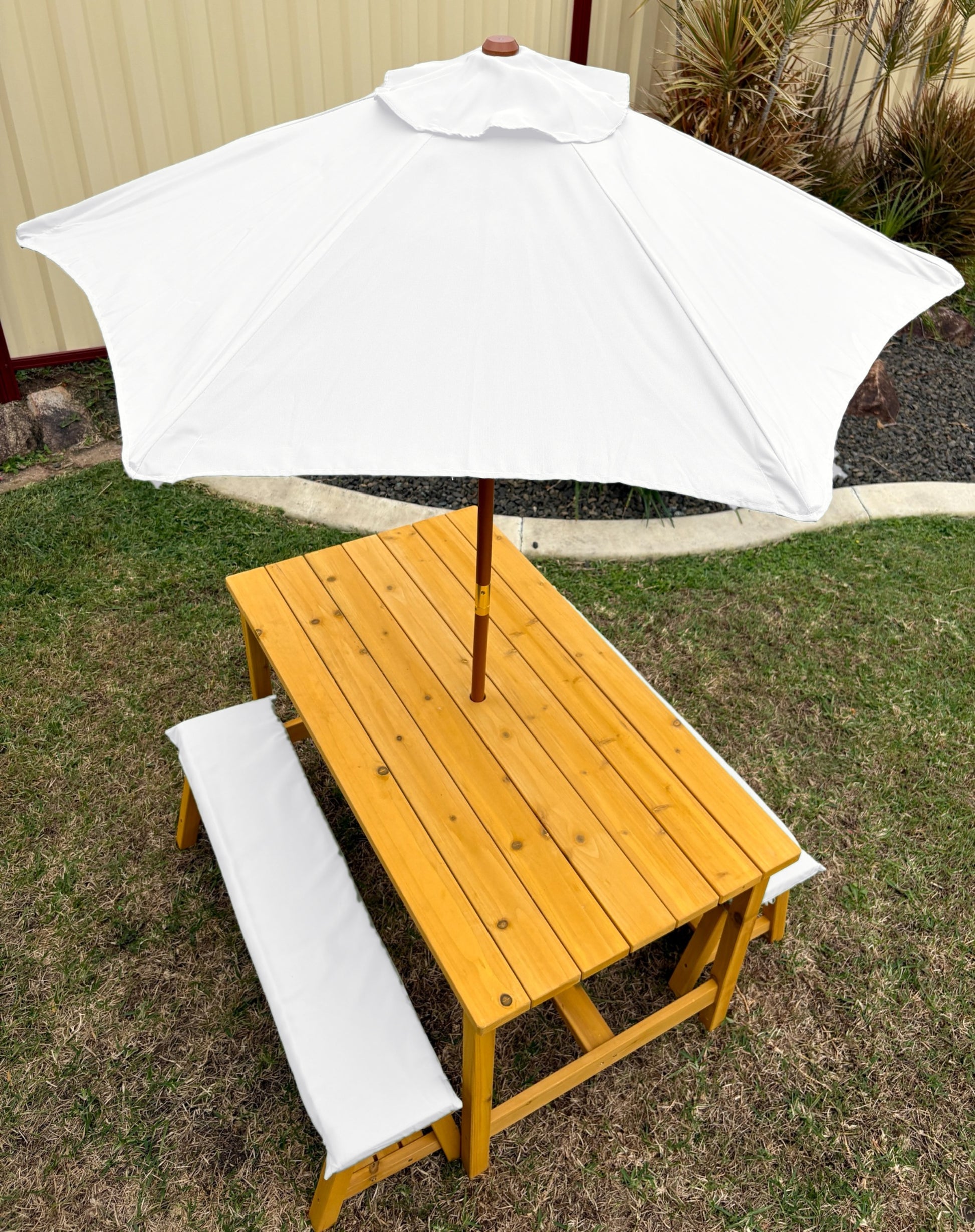 Kids timber picnic table and bench set with umbrella and cushions in white