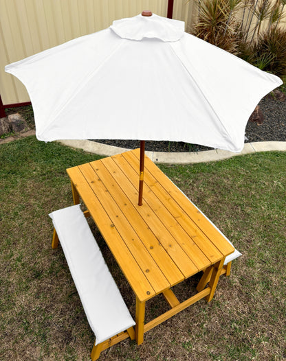 Kids Picnic Table & Bench Set with Umbrella & Cushions – Solid Colours