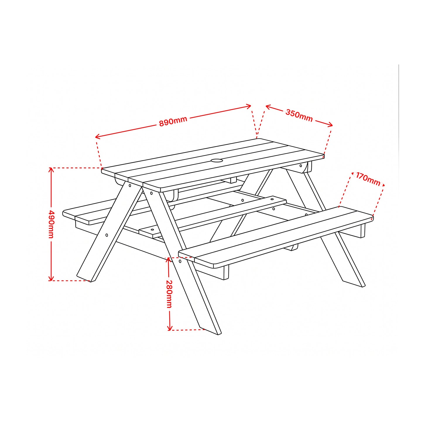 Picnic Table Plain dimensions diagram — measurements in millimetres for table height, width, length and bench seat depth