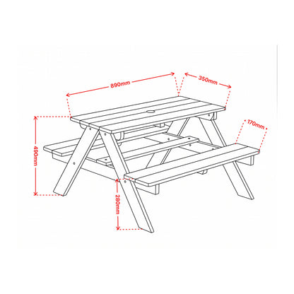 Picnic Table Plain dimensions diagram — measurements in millimetres for table height, width, length and bench seat depth