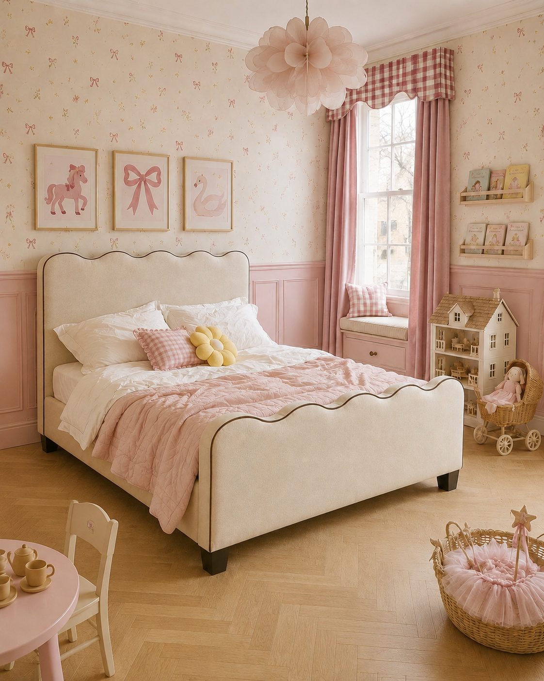 A styled children's bedroom featuring a cream upholstered bed with a scalloped headboard, dressed in pink and white bedding. The room has pink patterned wallpaper, pink wood wainscoting, a pink and white gingham curtain, and various nursery accessories including a dollhouse, basket, and small table.
