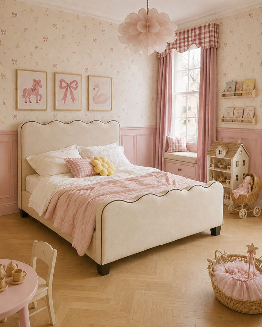 A styled children's bedroom featuring a cream upholstered bed with a scalloped headboard, dressed in pink and white bedding. The room has pink patterned wallpaper, pink wood wainscoting, a pink and white gingham curtain, and various nursery accessories including a dollhouse, basket, and small table.