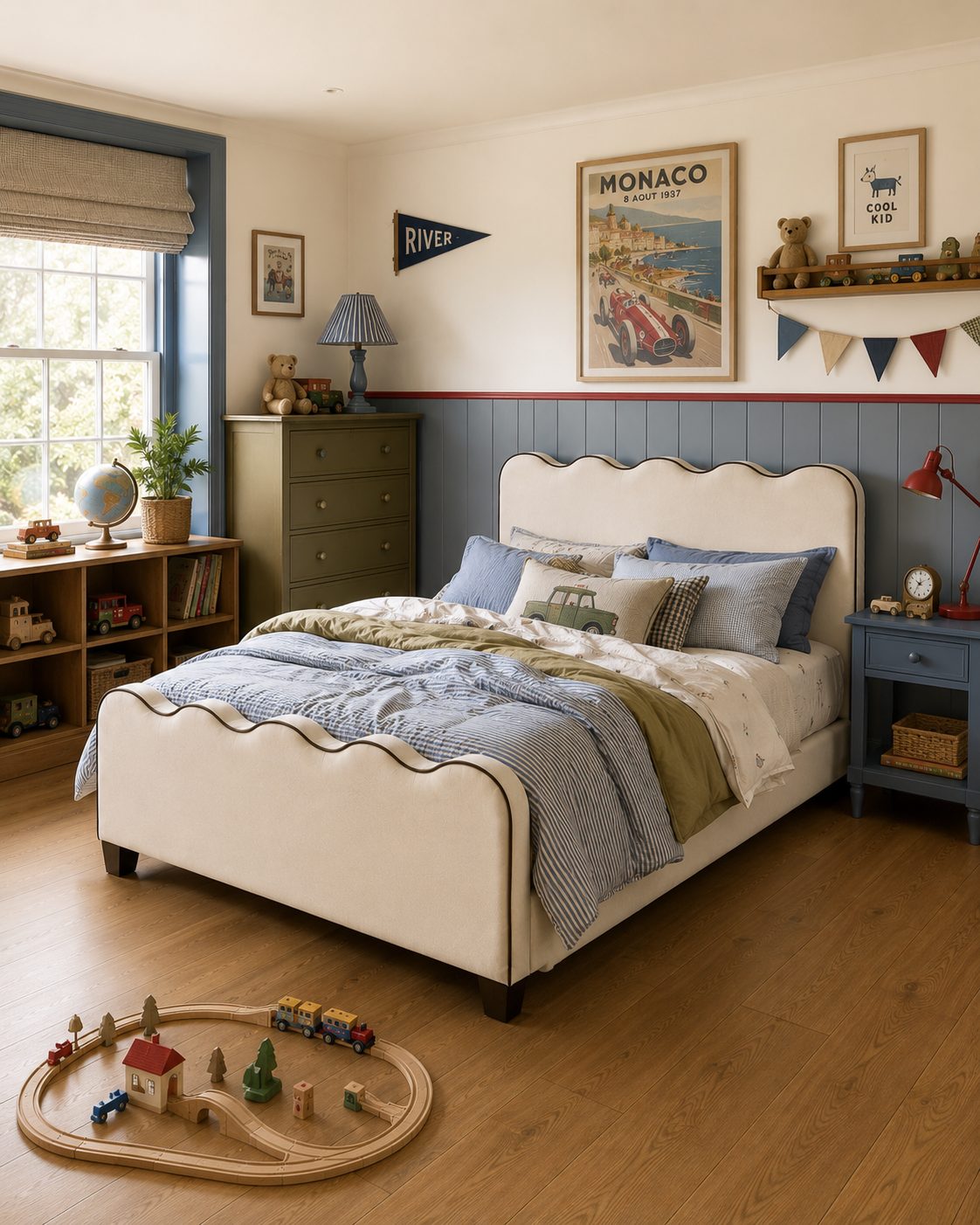 A styled children's bedroom featuring a cream upholstered single bed with scalloped edges, blue and green bedding, a blue dresser, and a blue wall paneling. A framed Monaco poster hangs on the wall above the bed.