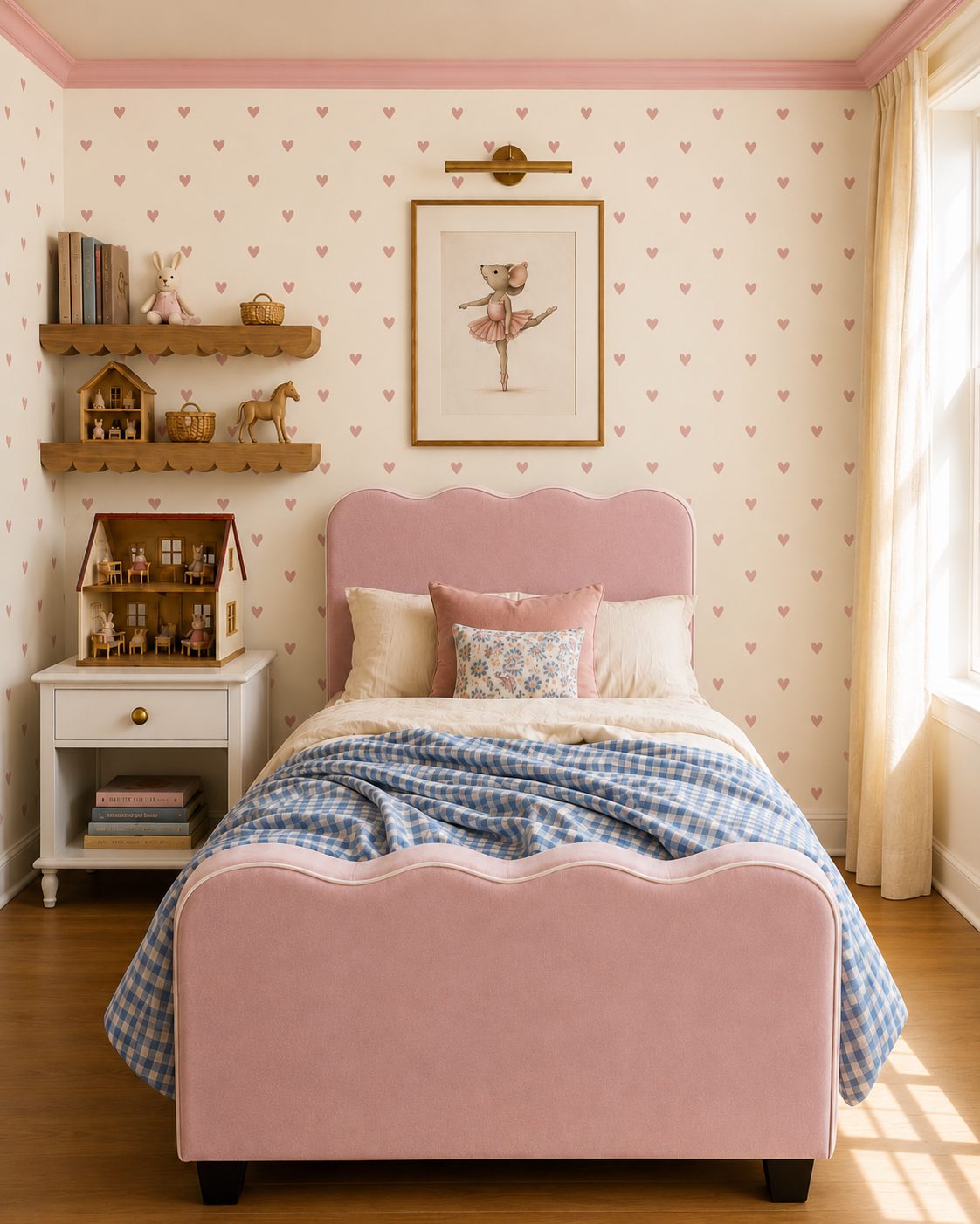 A pink upholstered king single bed with a scalloped headboard and matching footboard, styled in a child's bedroom with pink heart-patterned wallpaper, wooden shelves, a white nightstand, and a blue-and-white checkered blanket.
