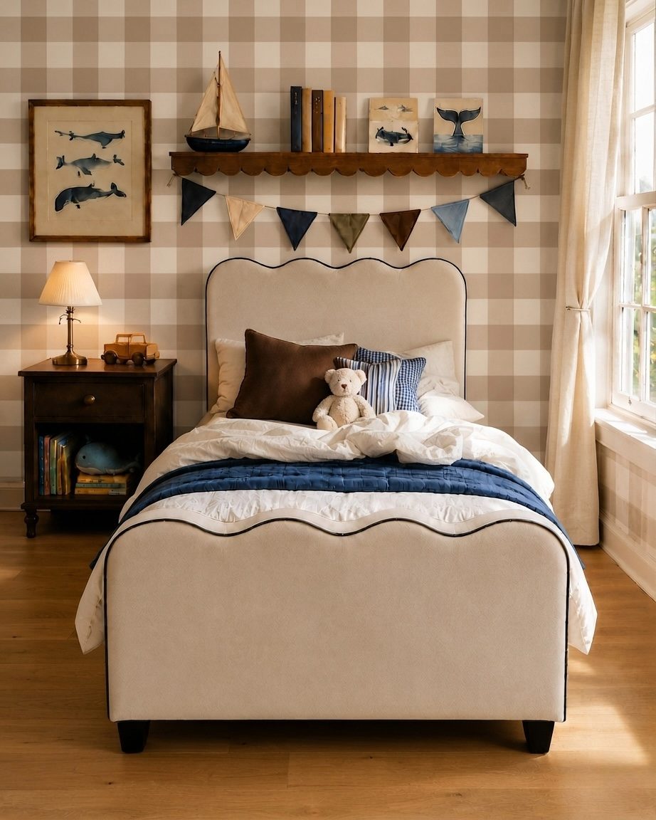 A child's bed with a cream upholstered frame and scalloped edges, styled with white and navy bedding, a teddy bear, and decorative pillows in a room with beige-and-white checkered wallpaper and a wooden shelf.