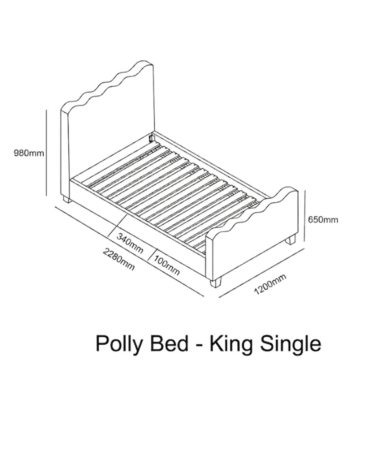 Polly Kids Bed King Single upholstered frame, product detail view