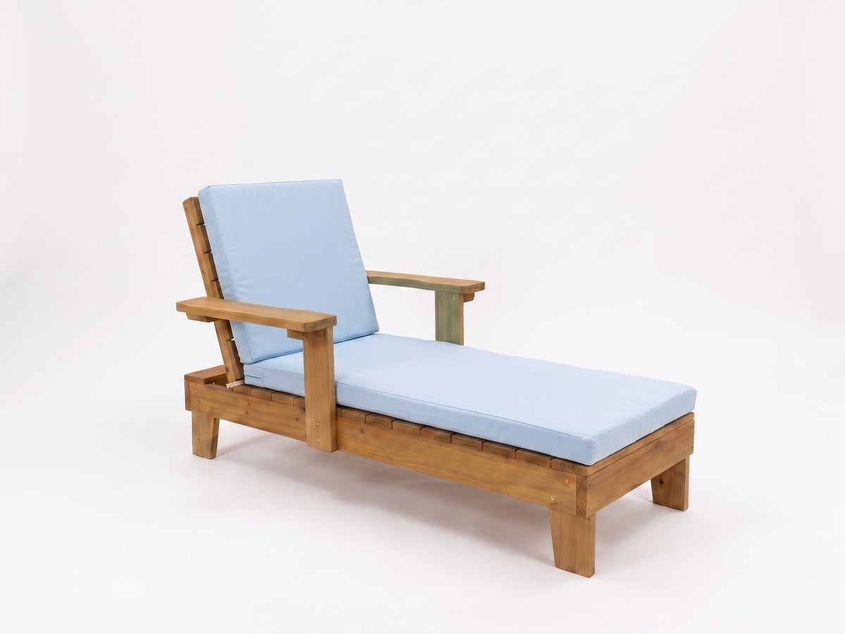 Kids sun lounger with baby blue cushion colour option