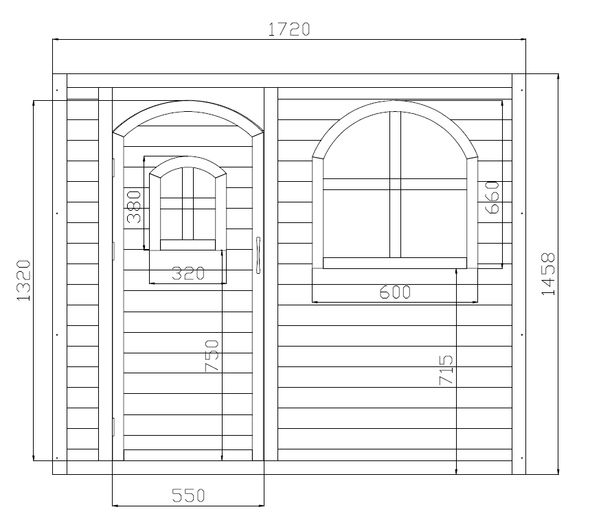 Billie Grand Cubby House by Hide & Seek Kids – Front detailed door, arched window dimensions.