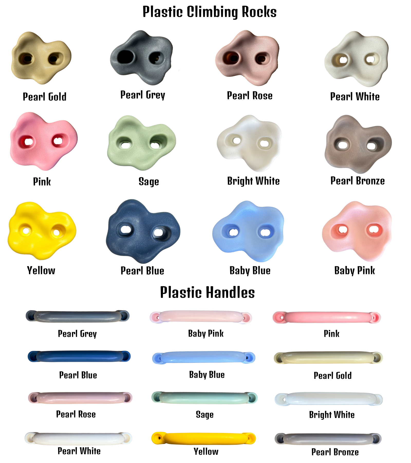 Color chart for plastic climbing rocks and handles with various colors.