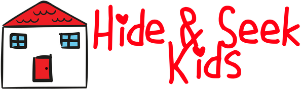 Hide & Seek Kids logo in PNG format, no background. Red text with a small house painted white with a red door, red roof. 