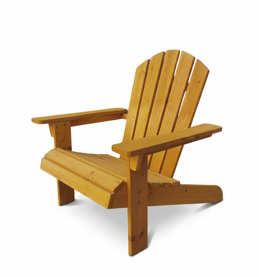 Front view of timber kids Adirondack chair with natural stain finish