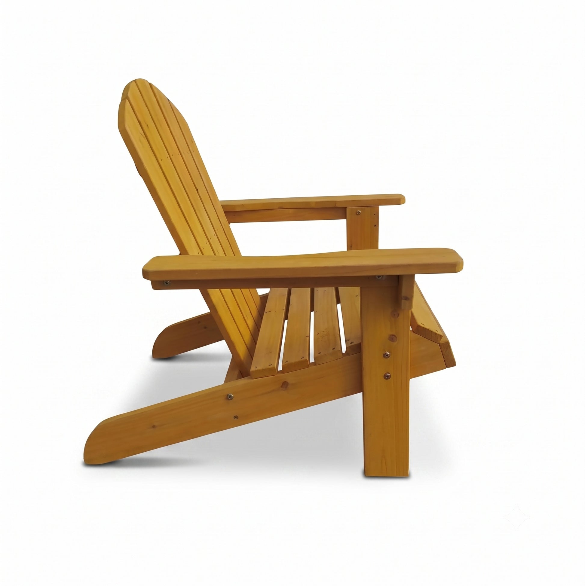Side profile of kids outdoor Adirondack chair showing reclined seat design
