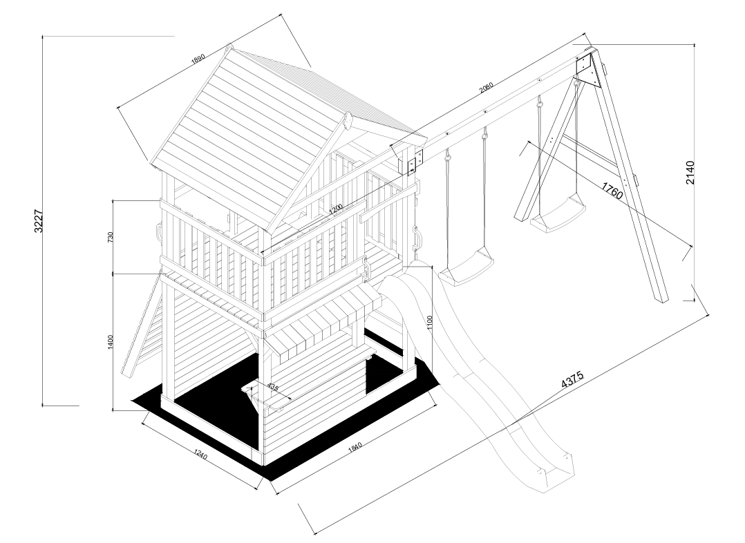 Dimension drawing of The Rusty Fort Cubby House by Hide & Seek Kids
