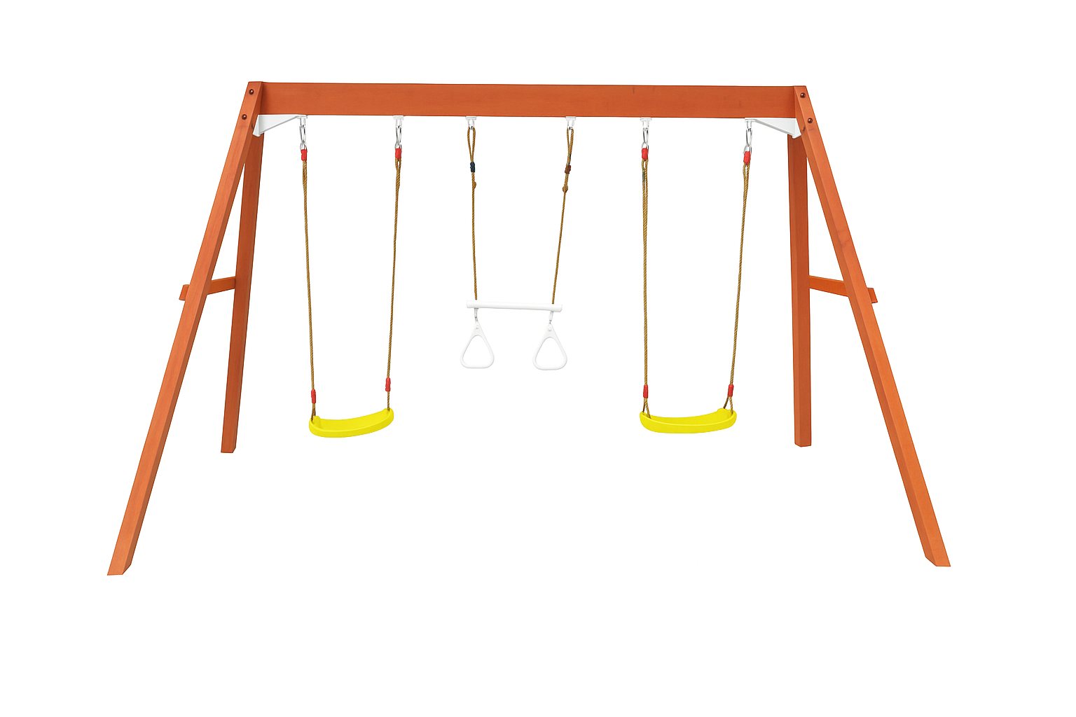 The Waratah Swing Set by Hide & Seek Kids set up with yellow swings and a trapeze bar on a white background.